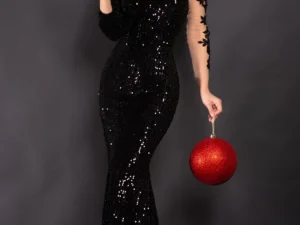 Rochie de seara neagra din paiete Agathe cu broderie aplicata