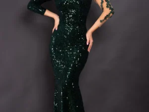 Rochie de seara verde din paiete Agathe cu broderie aplicata