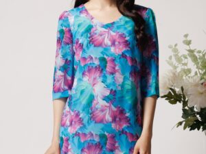 Rochie din viscoza turcoaz cu imprimeuri lila