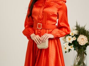Rochie Dy Fashion corai cu buline in relief si curea in talie