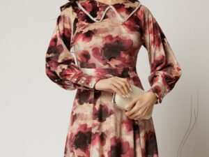 Rochie DY Fashion din catifea cu print grena si perle la guler