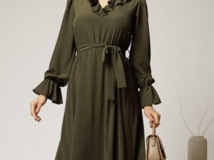 Rochie DY Fashion kaki din voal plin cu decolteu in V si volanase