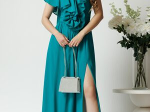 Rochie DY Fashion lunga eleganta din voal verde cu floare in talie si volan la bust