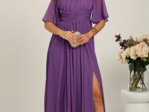 Rochie DY Fashion lunga mov din voal in clos cu crapatura pe picior