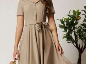 Rochie DY Fashion midi bej din stofa subtire cu cordon si buzunare