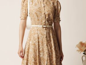 Rochie DY Fashion midi bej in clos cu imprimeuri albe si curea in talie