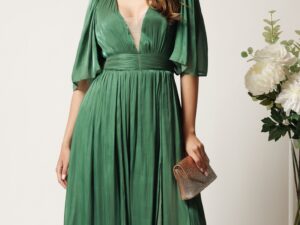 Rochie DY Fashion midi verde din voal in clos cu tull la decolteu si crapatura pe picior