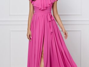 Rochie Dy Fashion roz lunga cu volan la bust si cordon in talie