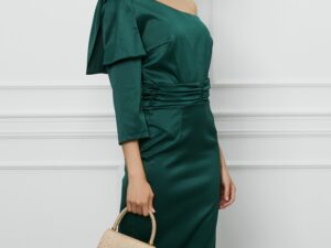 Rochie DY Fashion verde din tafta cu funda pe umar