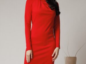 Rochie eleganta din stofa rosie cu brosa si funda la umar