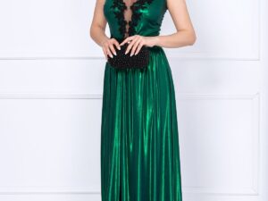 Rochie eleganta Ginette verde peliculizata cu broderie aplicata