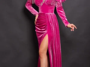 Rochie eleganta lunga Alizee magenta din catifea cu strassuri argintii