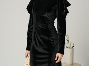 Rochie Ella Collection Linda eleganta din catifea neagra cu perle la decolteu