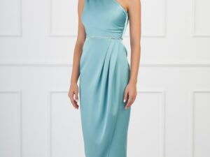 Rochie Ginette verde mint cu floare pe umar si strasuri in talie