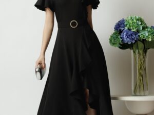 Rochie LaDonna lunga de ocazie din stofa neagra cu volane si cordon in talie