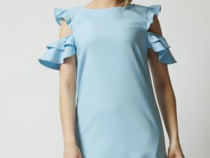 Rochie LaDonna office din stofa bleu cu volane la maneci