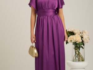 Rochie lunga eleganta din voal mov cu floare la bust