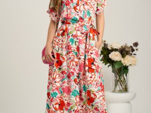 Rochie midi alba cu flori corai din viscoza in clini cu nasturi si cordon in talie