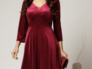Rochie midi din catifea bordo cu decolteu V