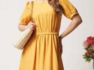 Rochie midi galbena in clos din viscoza cu volan la baza- Moze