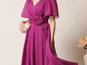 Rochie midi magenta din voal clos cu floare in talie- Moze
