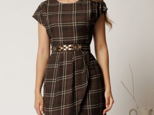 Rochie midi maro din jerse cu carouri si curea in talie