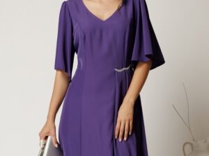 Rochie midi mov din voal cu croi in clini si strasuri in talie