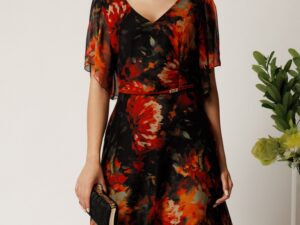 Rochie midi neagra din voal in clos cu imprimeuri maro