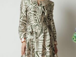 Rochie midi office bej de zi cu imprimeu verde