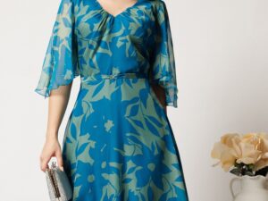 Rochie midi verde din voal cu imprimeu turcoaz si maneci vaporoase- Viada