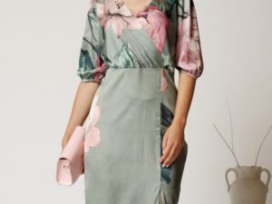 Rochie midi verde mint conica din satin cu imprimeuri floral roz