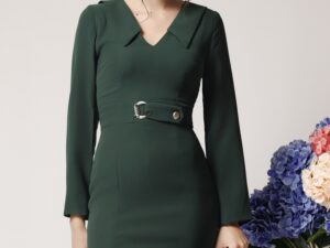 Rochie Moze office din stofa verde cu catarama in talie