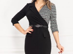 Rochie office conica neagra cu imprimeu pied du coq si curea in talie