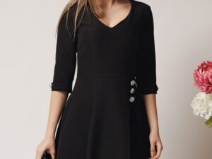 Rochie office din stofa neagra cu nasturi in talie