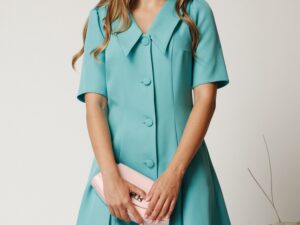 Rochie scurta turcoaz din stofa in clini cu nasturi si guler maxi