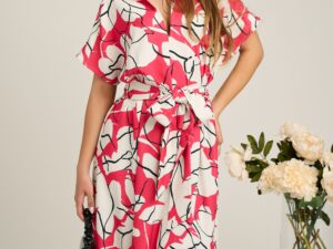 Rochie din viscoza alba cu imprimeuri fucsia si curea in talie