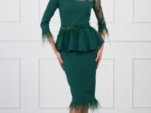Rochie verde cu dantela si pene