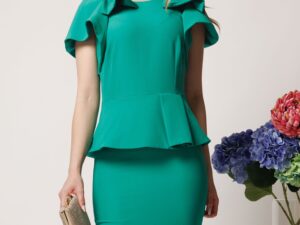 Rochie eleganta din stofa verde cu funde pe umeri si peplum in talie