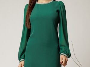Rochie DY Fashion verde eleganta cu maneci din voal si aplicatii la decolteu
