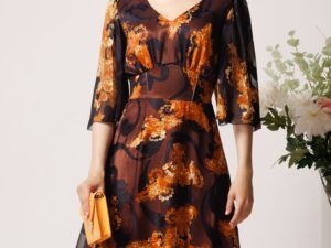 Rochie Viada din voal negru cu dublura maro si imprimeuri