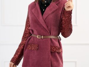 Sacou elegant din velur magenta cu maneci din paiete si curea in talie