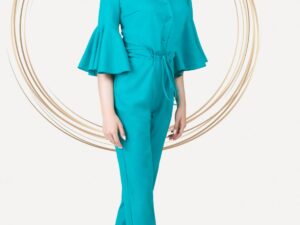 Salopeta Pretty Girl din in turquoise cu maneca clopot