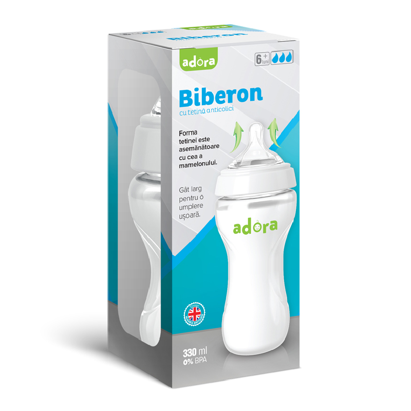Reducere 35% - Biberon cu gat larg si tetina anticolici, 6 luni+, 330ml, Adora 1 Biberon cu gat larg si tetina anticolici
