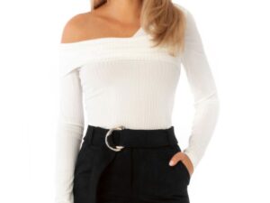 Bluza Pretty Girl alba cu un umar gol cambrata din lycra