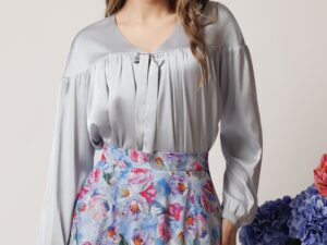 Bluza DY Fashion eleganta din satin gri cu funda si pliuri