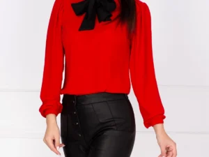 Bluza eleganta rosie din voal InPuff cu guler tip esarfa