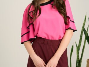 Bluza fucsia din viscoza cu volane la maneci