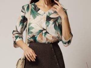 Bluza office din viscoza verde cu imprimeu verde si bej