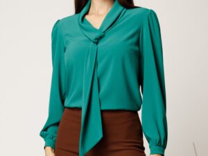Bluza verde din voal cu croi cambrat si guler tip esarfa