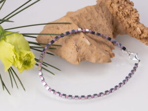 Bratara argint subtire din cuburi de hematit argintiu si rodonit 1.5mm